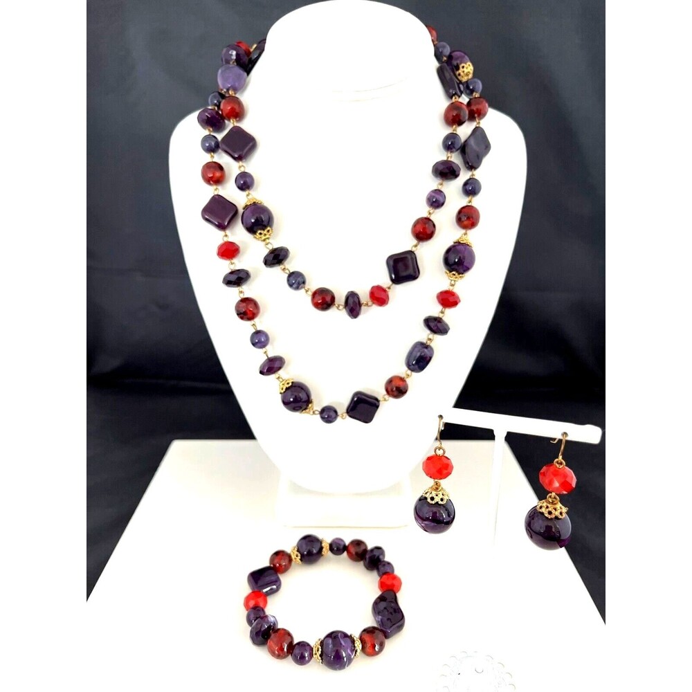 New Statement Necklace Bracelet Earring Set Purple Red Beads Gold Tone 4E